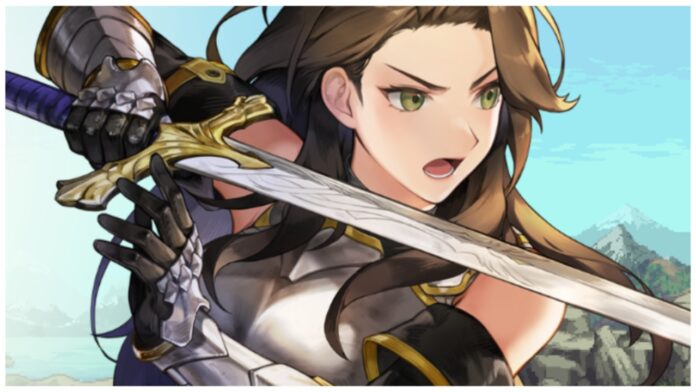 Feature image for our goddess order reroll guide showing a fullbody in an anime-like style of clerant holding her sword near her face with a determined battle-ready expression