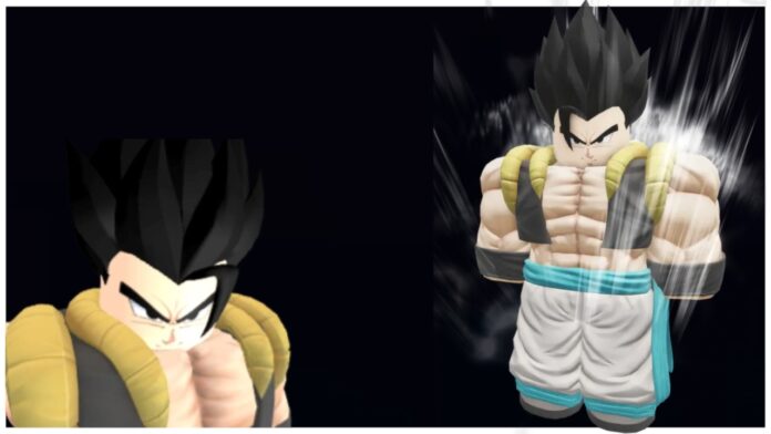 Feature image for our how to get rogita in anime vanguards guide showing two images of the unit in-game. The left is an icon headshot of him and the right is a fullbody with a white aura around him