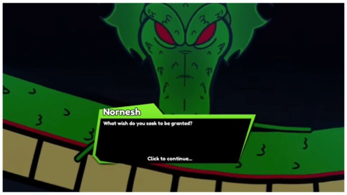 Feature image for our how to summon shenron in anime vanguards guide showing shenron with his text box over his nose asking what the player seeks.