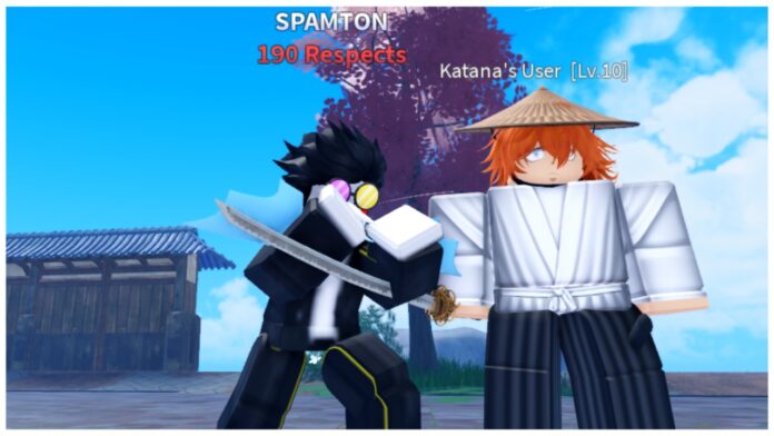 Feature image for our jujutsu seas accessories guide showing a character dressed as spamton next to the katana boss who is wearing the straw hat