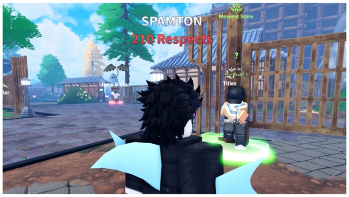 Feature image for our jujutsu seas moveset tier list showing the anime moveset npc dealer leaning against a wooden fence with their arms folded as a character dressed as spamton looks to them, with the viewer seeing over their shoulder