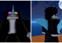 Jujutsu Seas Races Guide – Roll Chance, Cosmetics, and Buffs! Feature image for our jujutsu seas races guide showing a two-way collage of a player dressed as spamton who is in the shark race. They have a shark nose, a fin on their back, and on their arms.