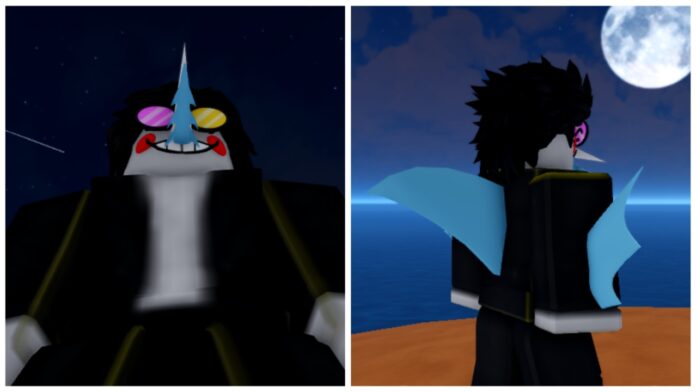 Feature image for our jujutsu seas races guide showing a two-way collage of a player dressed as spamton who is in the shark race. They have a shark nose, a fin on their back, and on their arms.
