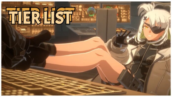 Feature image for our kaiju number 8 tier list showing a character with white pigtails resting her legs on a countertop as she leans back in a chair