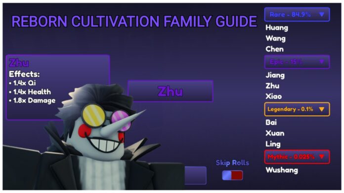 Feature image for our reborn cultivation family guide showing a small cut out of a spamton avatar at the bottom of the purple paged family reroller menu in-game