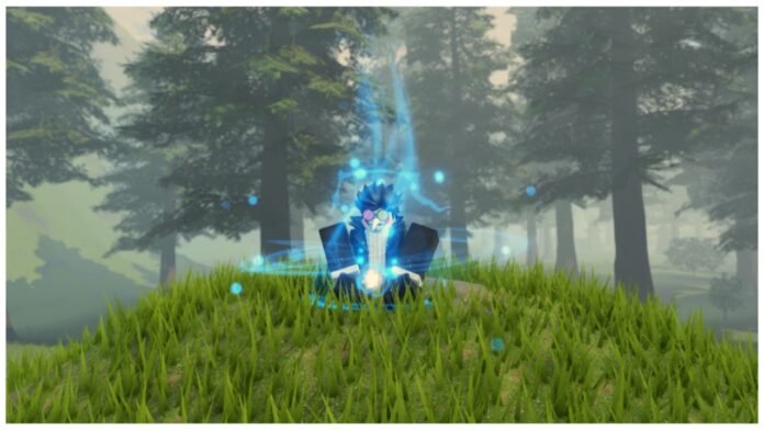 Feature image for our reborn cultivation skills guide showing a player dressed as spamton from deltarune sitting on top of a grassy mound, dressed in blue aura as they meditate. Behind them are tall vast trees, spanning far into the distance.