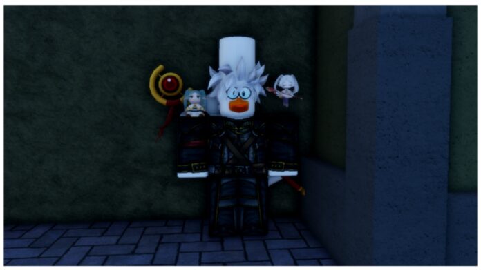 Feature image for our sakura stand frieren guide showing the questline npc who stands against a cobbled wall with plenty of frieren merch on thier body