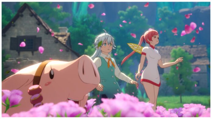 Feature image for our seven deadly sins origin tier list showing two characters in a pink flower field watching in awe as petals spread around them. In the foreground near the camera is hawk, the pig