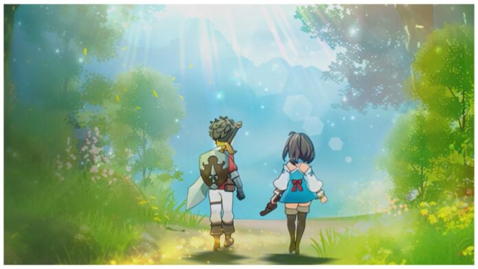 Feature image for our seven knights rebirth pet tier list showing the back of two characters as they walk together in a lush green forest with light dripping down on them from the skyline through the trees
