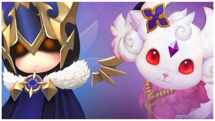 Feature image for our seven knights rebirth pets guide showing two pets side by side, the left looking like a hooded human with red eyes, and the right being a white dog-like creature also with red eyes