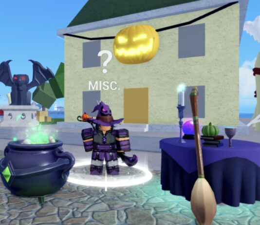 Blox Fruits Halloween Potions – Crafting Recipes and What Each Does Feature image for our Blox Fruits Halloween Potions guide showing a witch standing near a cauldron.