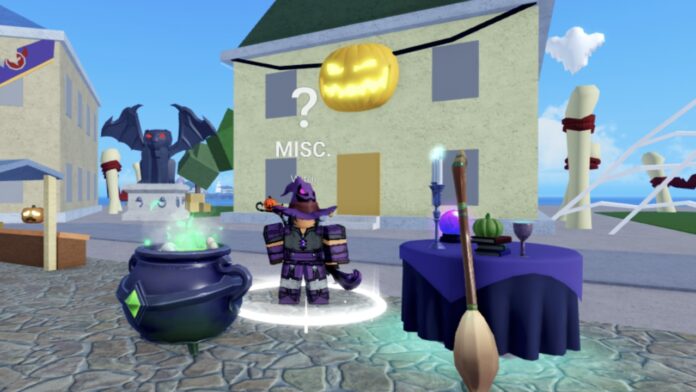 Blox-Fruits-Halloween-Potions Feature image for our Blox Fruits Halloween Potions guide showing a witch standing near a cauldron.