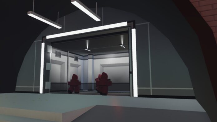 Feature image for our Ink Game Guard Powers guide showing NPCs in a mask walking into an elevator.