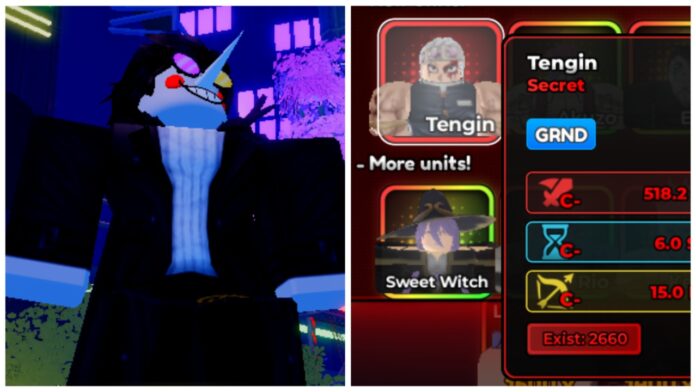 Feature image for our anime crusaders secret tengin guide showing a player on the left dressed as spamton looking to their right to see the tengin unit in the new update log