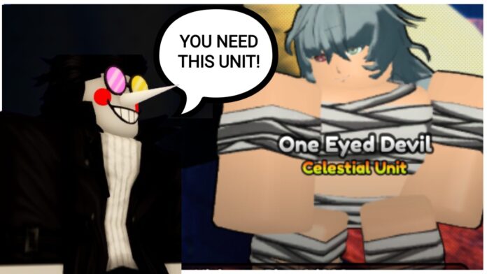 Feature image for our anime last stand one eyed devil guide showing the unit in the summons with a player next to them saying you need this unit