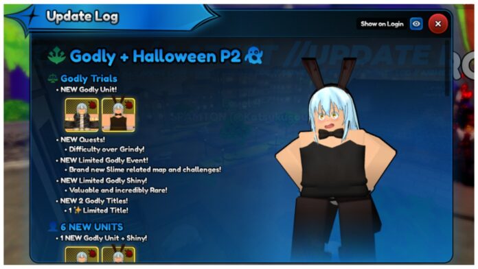 anime-last-stand-rimuru-godly-update-tier-list Feature image for our anime last stand rimuru godly update tier list showing the update log with rimuru in a bunnysuit looking shocked