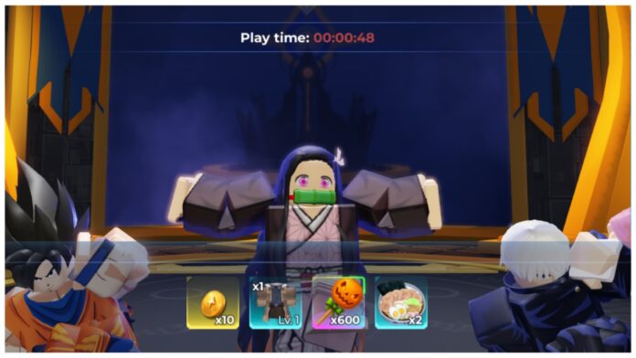 anime-raid-candy-farm Feature image for our anime raid candy farm guide showing nezuko dancing with a 48 seconds stage clear timer at the top and 600 candies earned down at the bottom