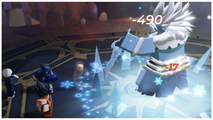 Feature image for our anime raid codes guide showing a mixed bag of units on the left from different franchises fighting a large ice boss who is in a battle-ready stance with ice crystals on the floor around him