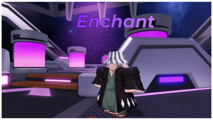 Feature image for our anime raid enchants masterlist showing the enchant npc with his title written above him in purple.