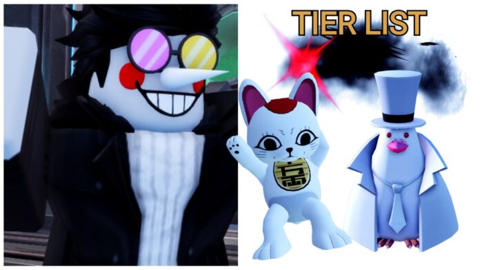 Feature image for our anime vanguards familiars tier list showing a spamton p;ayer on the left looking at three different familiars on the right