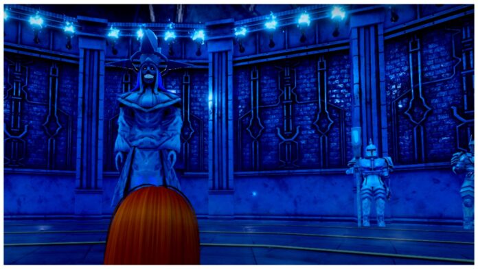 Feature image for our arise ragnarok crossover classes guide showing the menu page with the large smiling statue against a blue wall with smaller knights statues near him
