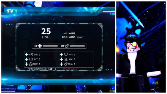 Feature image for our arise ragnarok crossover stats guide showing the stats menu on the left and a player on the right dressed as spamton from deltarune