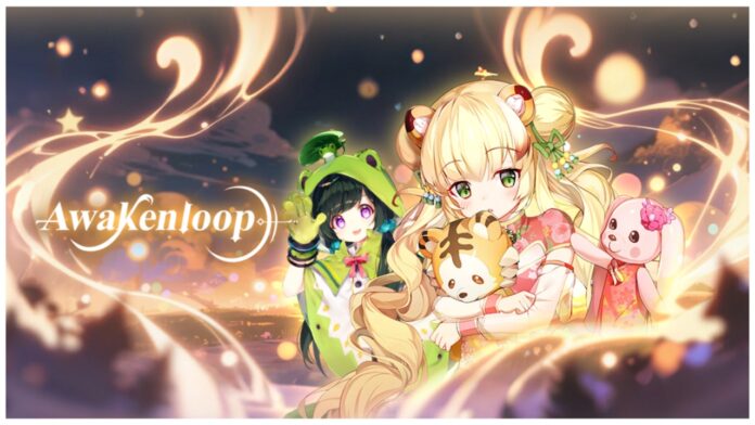 Feature image for our awakenloop codes guide showing a frog and tiger girl on the right looking shyly to the camera with rabbit plushies behind them. On the left inside of a golden swirl is the game name 