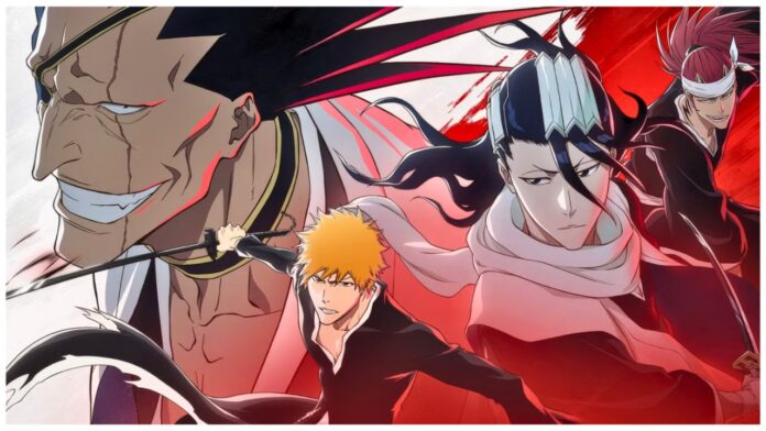 Feature image for our bleach soul resonance tier list showing four characters in an action packed illustration showing a large enemy head on the left looking at the combat-ready units on the right surrounded by a red aura