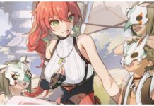 Blue Protocol Star Resonance Battle Imagines Tier List Feature image for our blue protocol star resonance battle imagines tier list showing a red haired character talking with three children crowding her and wearing bone masks adorned with paint