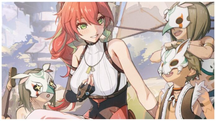 Feature image for our blue protocol star resonance battle imagines tier list showing a red haired character talking with three children crowding her and wearing bone masks adorned with paint