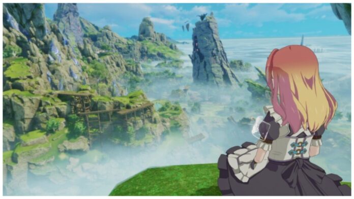 Feature image for our blue protocol star resonance wind core guide showing a character in a maid outfit sitting on top of a mountain overlooking a vast valley and hills in the background