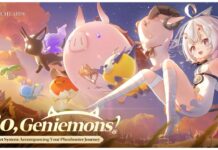 Duet Night Abyss Geniemon Tier List Feature image for our duet night abyss geniemon tier list showing a character with white hair sitting with her legs and arms out whilst smiling as she is surrounded by geniemon