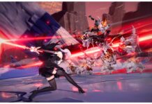 Duet Night Abyss Weapons Tier List – Release Rankings! Feature image for our dna weapons tier list showing a character with a red lade behind them after a slide dash into a flock of enemies