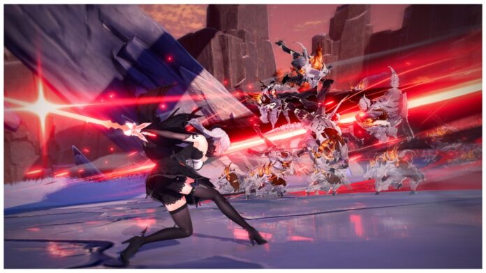 duet-night-abyss-weapons-tier-list Feature image for our dna weapons tier list showing a character with a red lade behind them after a slide dash into a flock of enemies