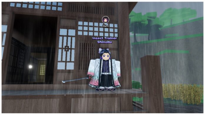 Feature image for our how to get insect breathing in weak legacy 2 guide showing the shinobu npc standing on a wooden porch in front of a house with wheat growing in a small plot on the right during rain