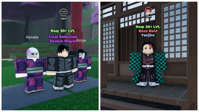 Feature image for our how to get money fast in weak legacy 2 guide showing a split screen image of the final selection npcs on the left and the tanjiro raid boss npc on the right