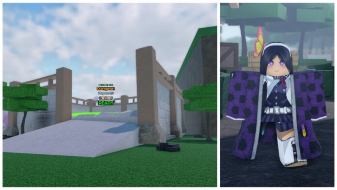 Feature image for our how to get the weak legacy 2 moon haori guide showing the dungeon entrance on the left in a larger image clip with a player wearing the moon haori on the right