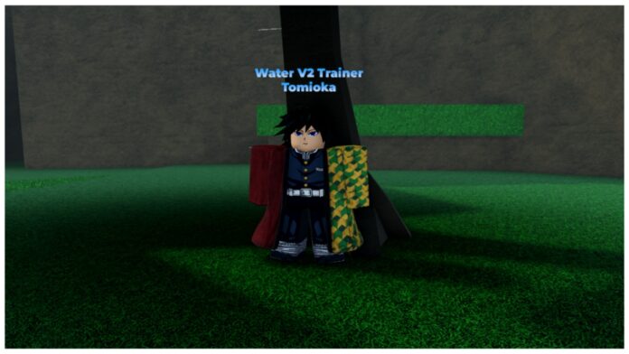 Feature image for our how to get water breathing v2 in weak legacy 2 guide showing the water breathing b2 trainer giyu standing against a tree