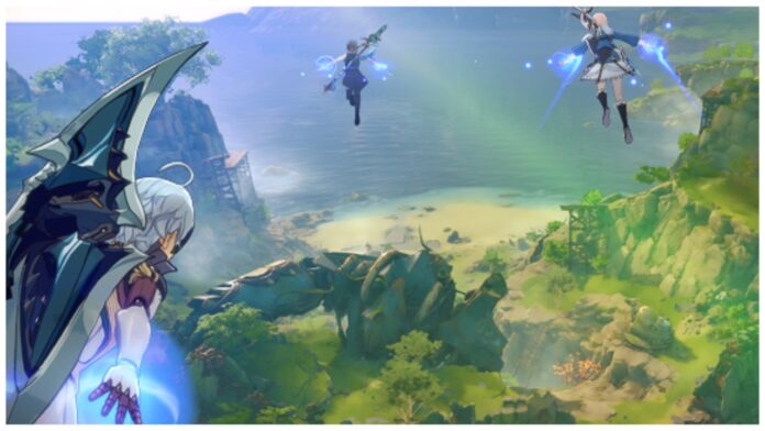 Feature image for our how to fly in blue protocol star resonance guide showing three characters in the air flying over a lush greenery