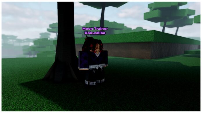 Feature image for our how to unlock weak legacy 2 moon breathin v2 guide showing the kokushibo trainer npc beneath a tree on top of a grassy hill