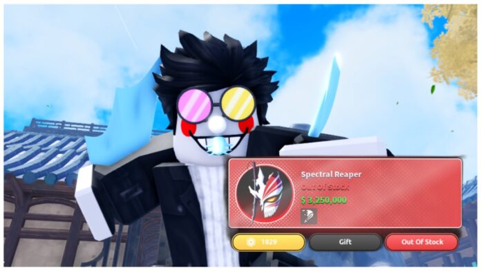 Feature image for our jujutsu seas spectral reaper guide showing a player dressed as spamton holding the spectral reaper information sale box in their hand towards the viewer