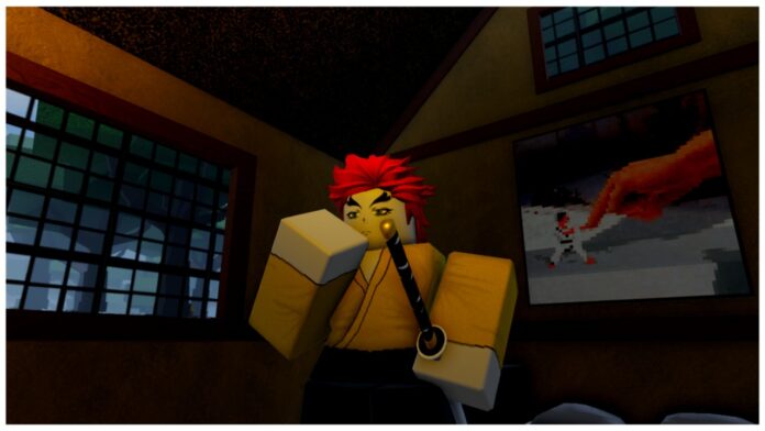 Feature image for our onikami blood demon art tier list showing a player with their fist raised to their mouth thinking as they stand in a small bedroom with a minecraft painting behind them