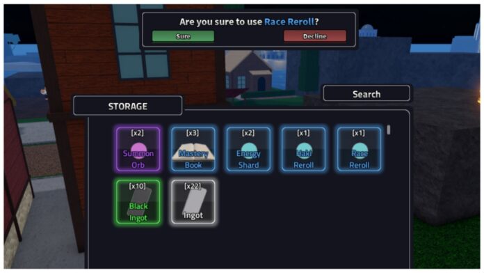 rogue-piece-races-guide Feature image for our rogue piece races guide showing a player about to use a race reroll from within their inventory