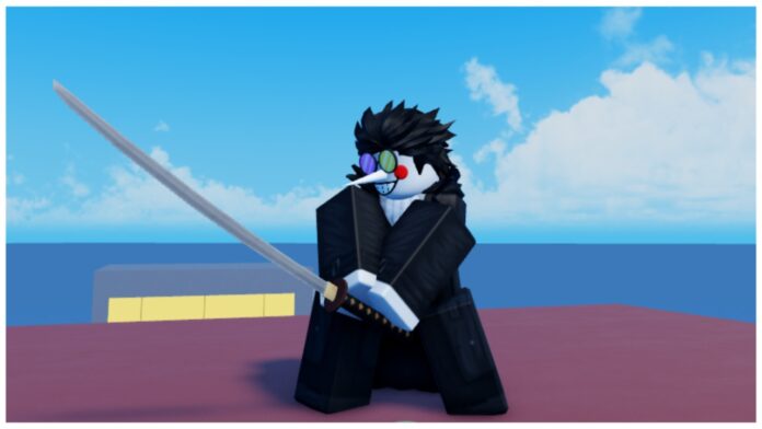 Feature image for our rogue piece races tier list showing a player holding a katana on top of a red sky scraper