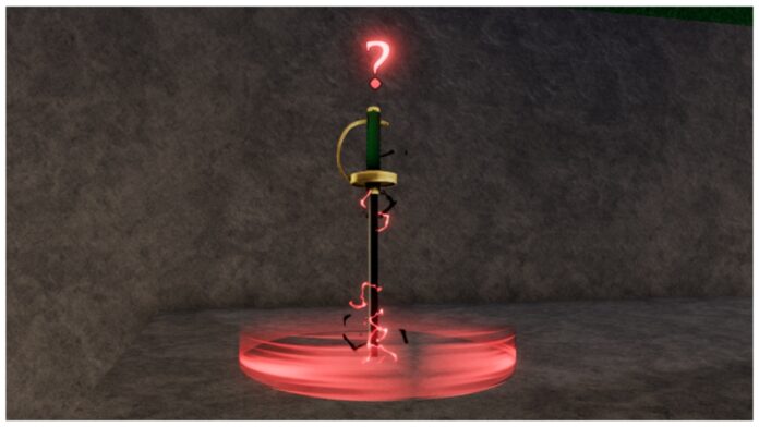 rogue-piece-shanks-weapon Feature image for our rogue piece shanks weapon guide showing the blade wedged into a concrete slab with a red ? above its hilt