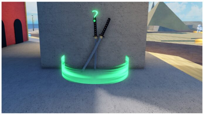 Feature image for our rogue piece weapons tier list showing the dual daggers resting against a wall in a desert village with a pyramid in the distance