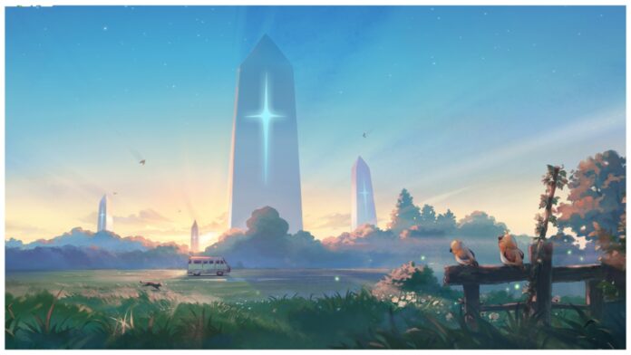 Feature image for our stella sora voice actors guide showing the monolith in the far distance with a camper van driving down a road across the screen