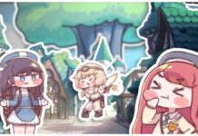 Global Release Trickal Chibi Go PvE Tier List Feature image for our trickal chibi go pve tier list showing a cast of chibis with thick white outlines in a scenic village with a large tree in the background