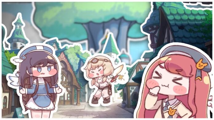 Feature image for our trickal chibi go pve tier list showing a cast of chibis with thick white outlines in a scenic village with a large tree in the background