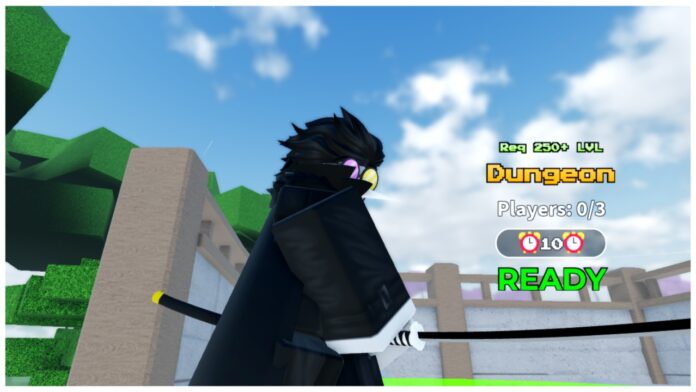 Feature image for our weak legacy 2 dungeon farm guide showing a character dressed as spamton wielding a katana and holding it low next to the dungeons ring